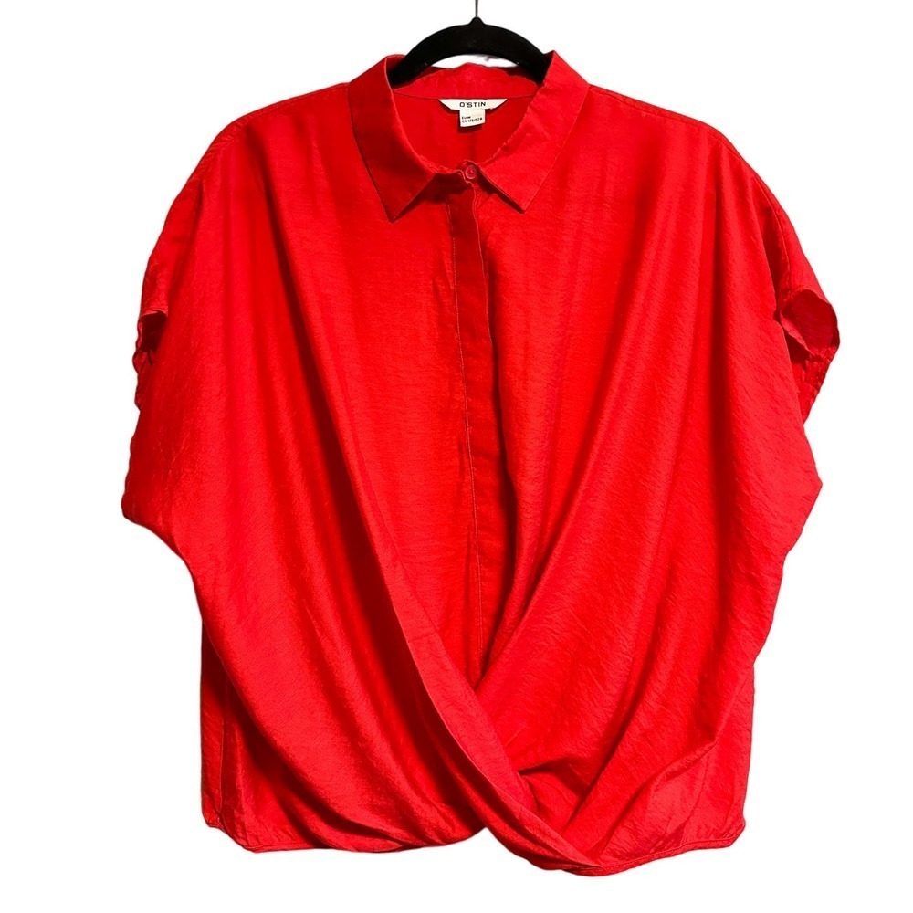 O'STIN Twist Front Linen Blend Oversized Loose Fit Red Blouse Top Size S/M